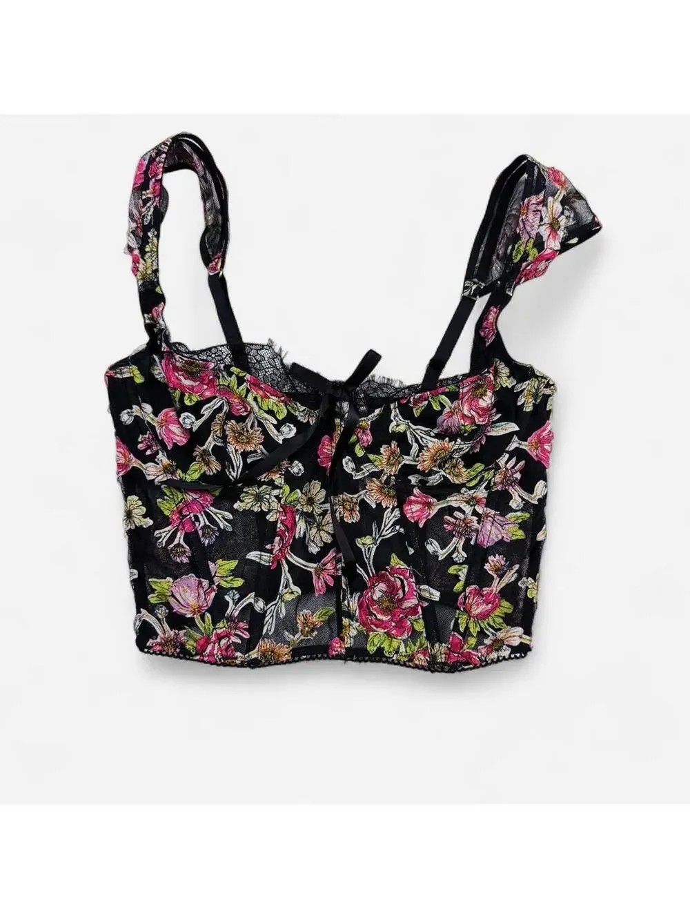 Victoria's Secret Floral Mesh Lace Up Corset Bustier Top in Black